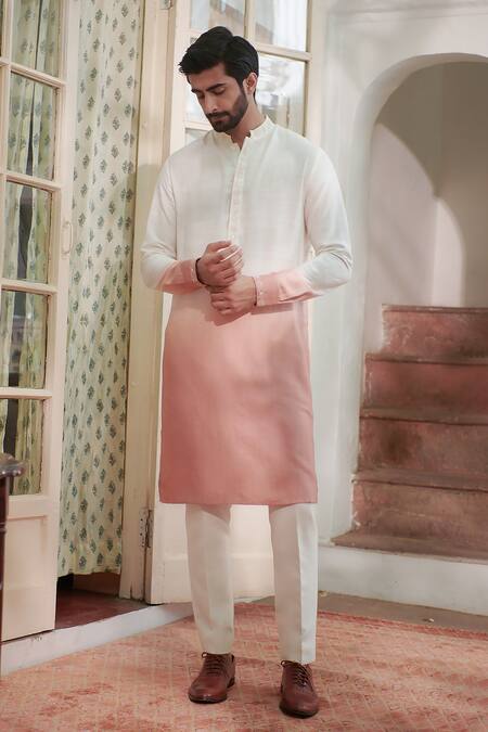 Philocaly_Orange Cotton, Silk Sequins Surya Placket Embroidered Kurta _Online_at_Aza_Fashions