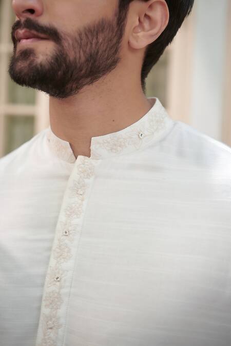 Buy_Philocaly_Orange Cotton, Silk Sequins Surya Placket Embroidered Kurta _Online_at_Aza_Fashions