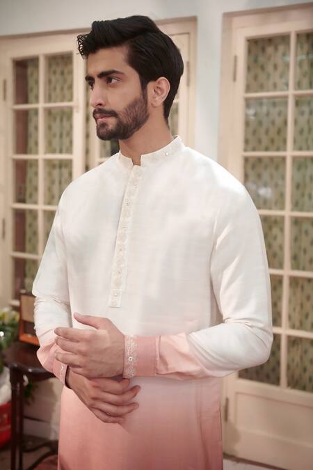 Shop_Philocaly_Orange Cotton, Silk Sequins Surya Placket Embroidered Kurta _Online_at_Aza_Fashions