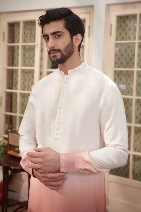 Philocaly_Orange Cotton, Silk Sequins Surya Placket Embroidered Kurta _at_Aza_Fashions