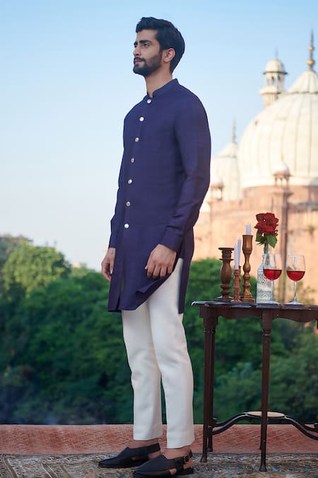 Shop Philocaly Blue Cotton, Silk Badru Solid Front-buttoned Kurta at Aza Fashions Shop_Philocaly_Blue Cotton, Silk Badru Solid Front-buttoned Kurta _at_Aza_Fashions