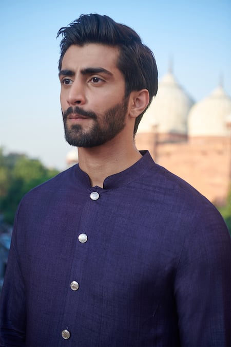 Philocaly Blue Cotton, Silk Badru Solid Front-buttoned Kurta Online at Aza Fashions Philocaly_Blue Cotton, Silk Badru Solid Front-buttoned Kurta _Online_at_Aza_Fashions