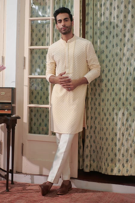 Buy_Philocaly_Yellow Silk Embroidery Arzoo Kurta_Online_at_Aza_Fashions