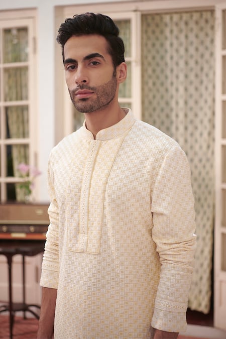 Shop_Philocaly_Yellow Silk Embroidery Arzoo Kurta_Online_at_Aza_Fashions