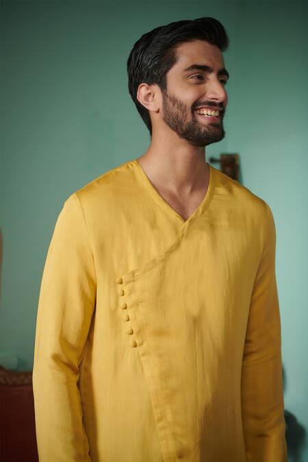 Philocaly_Yellow Cotton, Silk Haluda Solid Angrakha Kurta_Online_at_Aza_Fashions
