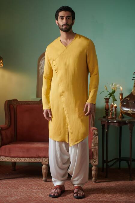 Buy_Philocaly_Yellow Cotton, Silk Haluda Solid Angrakha Kurta_Online_at_Aza_Fashions