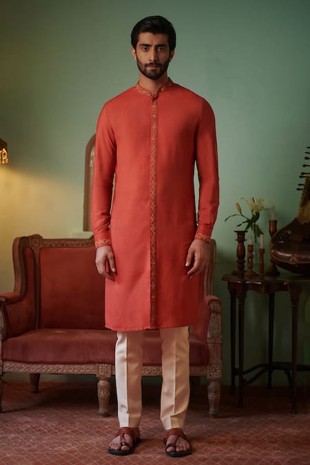 Philocaly Orange Cotton Silk Embroidered Geometric Qila Kurta 