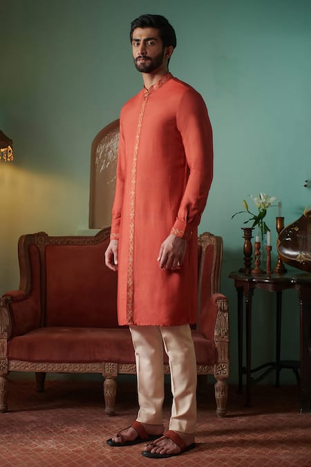 Shop Philocaly Orange Cotton, Silk Embroidery Qila Kurta at Aza Fashions Shop_Philocaly_Orange Cotton, Silk Embroidery Qila Kurta _at_Aza_Fashions
