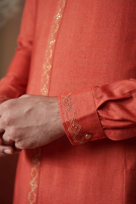 Philocaly Orange Cotton, Silk Embroidery Qila Kurta Online at Aza Fashions Philocaly_Orange Cotton, Silk Embroidery Qila Kurta _Online_at_Aza_Fashions