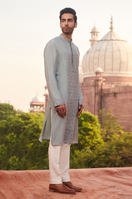 Shop Philocaly Blue Cotton, Silk Mirrors, Embroidery Pratah Kurta at Aza Fashions Shop_Philocaly_Blue Cotton, Silk Mirrors, Embroidery Pratah Kurta _at_Aza_Fashions