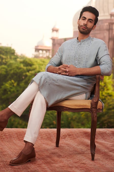 Philocaly Blue Cotton, Silk Mirrors, Embroidery Pratah Kurta Online at Aza Fashions Philocaly_Blue Cotton, Silk Mirrors, Embroidery Pratah Kurta _Online_at_Aza_Fashions