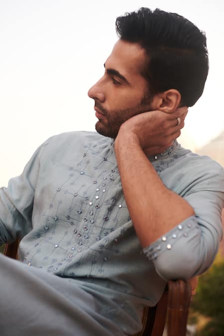 Buy Philocaly Blue Cotton, Silk Mirrors, Embroidery Pratah Kurta Online at Aza Fashions Buy_Philocaly_Blue Cotton, Silk Mirrors, Embroidery Pratah Kurta _Online_at_Aza_Fashions