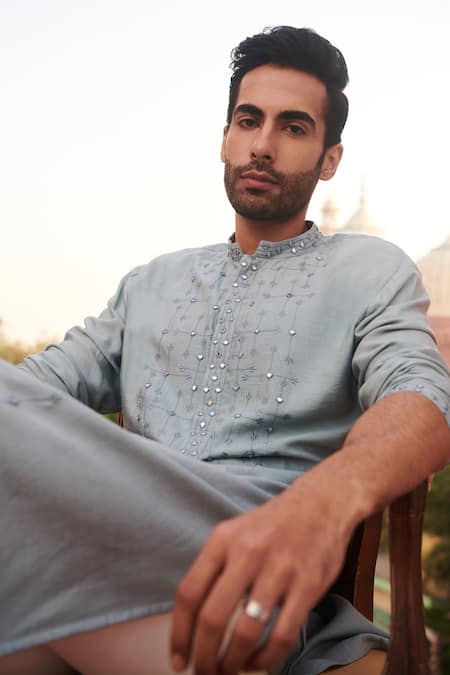 Shop Philocaly Blue Cotton, Silk Mirrors, Embroidery Pratah Kurta Online at Aza Fashions Shop_Philocaly_Blue Cotton, Silk Mirrors, Embroidery Pratah Kurta _Online_at_Aza_Fashions