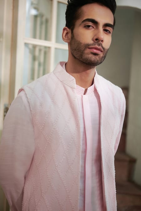 Buy_Philocaly_Pink Cotton, Silk Bundi And Kurta Set _Online_at_Aza_Fashions