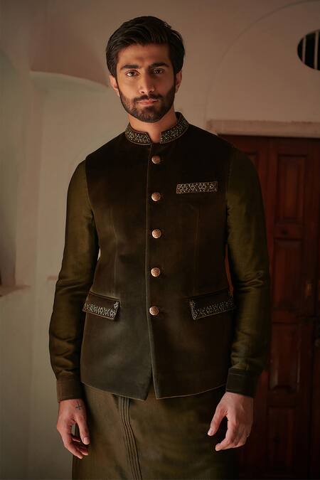 Philocaly Green Velvet Sequins Hand Embroidered Bundi Online at Aza Fashions Philocaly_Green Velvet Sequins Hand Embroidered Bundi _Online_at_Aza_Fashions