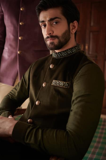 Shop Philocaly Green Velvet Sequins Hand Embroidered Bundi Online at Aza Fashions Shop_Philocaly_Green Velvet Sequins Hand Embroidered Bundi _Online_at_Aza_Fashions