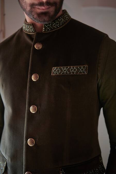 Philocaly Green Velvet Sequins Hand Embroidered Bundi at Aza Fashions Philocaly_Green Velvet Sequins Hand Embroidered Bundi _at_Aza_Fashions