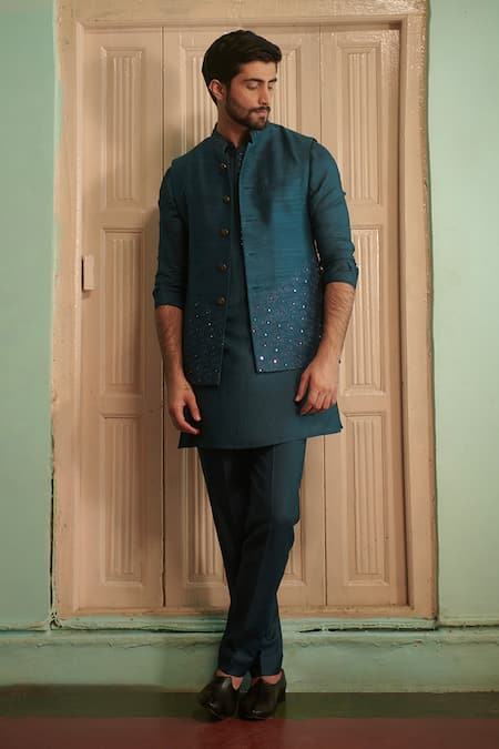 Philocaly Teal Blue Hand Embroidered Bundi 