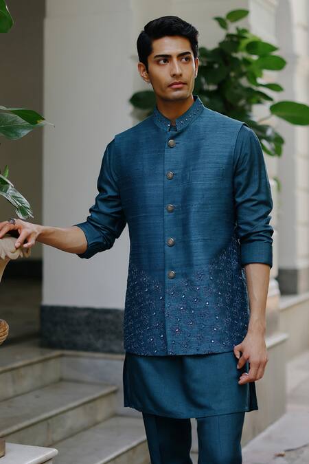 Philocaly Blue Silk Sequins Teal Hand Embroidered Bundi Online at Aza Fashions Philocaly_Blue Silk Sequins Teal Hand Embroidered Bundi _Online_at_Aza_Fashions