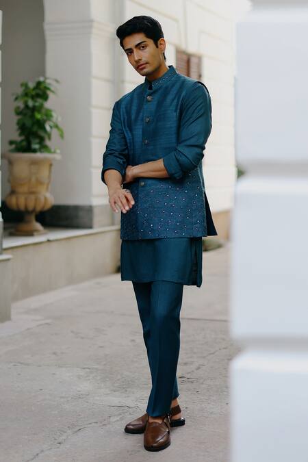 Buy Philocaly Blue Silk Sequins Teal Hand Embroidered Bundi Online at Aza Fashions Buy_Philocaly_Blue Silk Sequins Teal Hand Embroidered Bundi _Online_at_Aza_Fashions