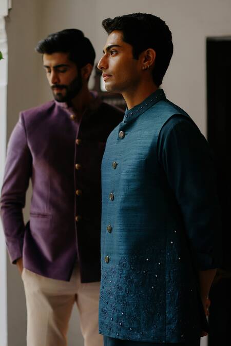 Shop Philocaly Blue Silk Sequins Teal Hand Embroidered Bundi Online at Aza Fashions Shop_Philocaly_Blue Silk Sequins Teal Hand Embroidered Bundi _Online_at_Aza_Fashions