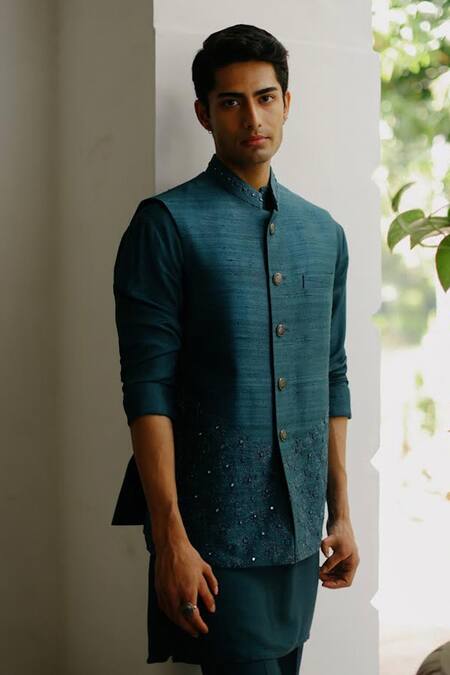 Philocaly_Blue Silk Sequins Teal Hand Embroidered Bundi _at_Aza_Fashions