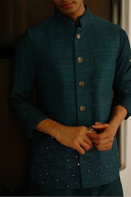 Buy_Philocaly_Blue Silk Sequins Teal Hand Embroidered Bundi 