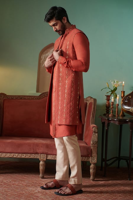 Philocaly Hand Embroidered Coral Bundi & Kurta Set 