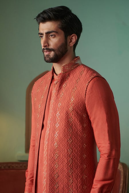 Philocaly_Coral Cotton, Silk Sequins Hand Embroidered Bundi And Kurta Set _Online_at_Aza_Fashions