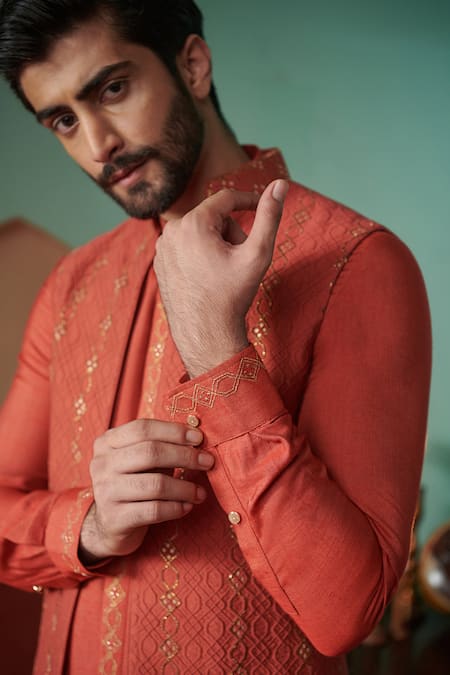 Buy_Philocaly_Coral Cotton, Silk Sequins Hand Embroidered Bundi And Kurta Set _Online_at_Aza_Fashions