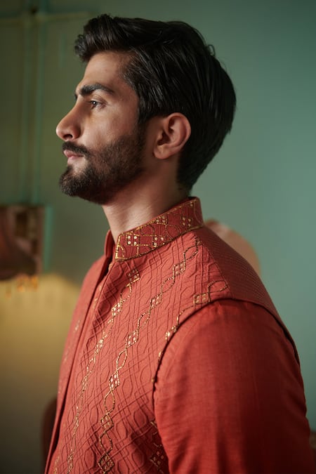 Shop_Philocaly_Coral Cotton, Silk Sequins Hand Embroidered Bundi And Kurta Set _Online_at_Aza_Fashions