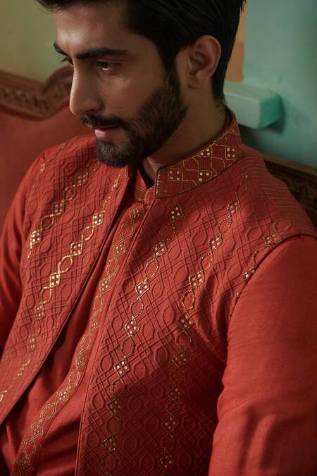 Philocaly_Coral Cotton, Silk Sequins Hand Embroidered Bundi And Kurta Set _at_Aza_Fashions