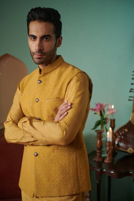 Philocaly Yellow Silk Sequins, Embroidery Thread And Bundi at Aza Fashions Philocaly_Yellow Silk Sequins, Embroidery Thread And Bundi _at_Aza_Fashions