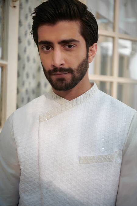 Buy_Philocaly_White Silk Sequins Bundi And Kurta Set_Online_at_Aza_Fashions