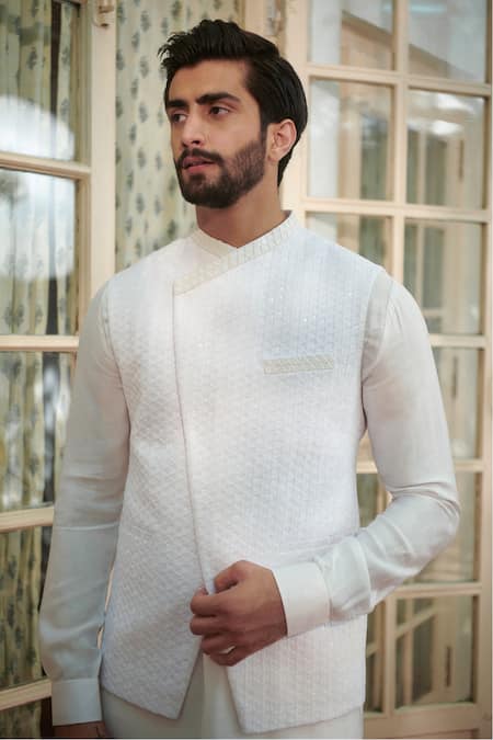 Shop_Philocaly_White Silk Sequins Bundi And Kurta Set_Online_at_Aza_Fashions