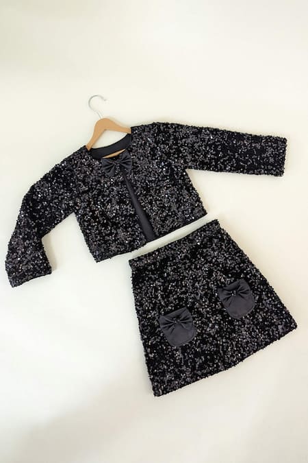Ruchika lath label Black Sequined Velvet Embroidered Jacket Skirt Set 