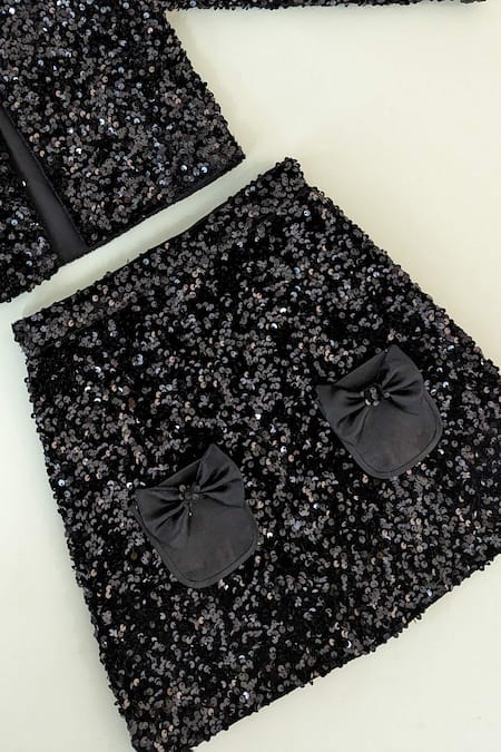 Ruchika Lath Label_Black Brocade, Velvet, Silk Bows, Sequins Embroidered Jacket Skirt Set _Online_at_Aza_Fashions