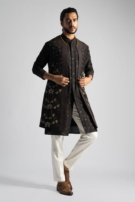 Paarsh Brown Bamberg Silk Embroidered Thread Tonal Nehru Jacket Set 