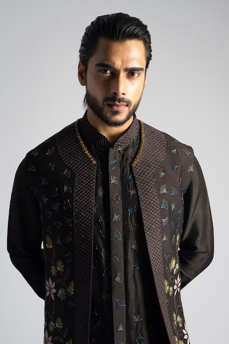 Shop PAARSH Brown Cotton, Bamboo Embroidery Tonal Nehru Jacket Set Online at Aza Fashions Shop_PAARSH_Brown Cotton, Bamboo Embroidery Tonal Nehru Jacket Set _Online_at_Aza_Fashions