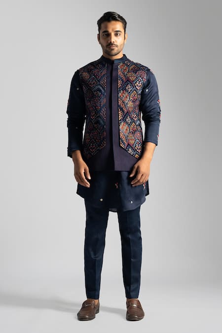 PAARSH Blue Cotton, Linen, Satin Embroidery Nehru Jacket Kurta Set Online at Aza Fashions PAARSH_Blue Cotton, Linen, Satin Embroidery Nehru Jacket Kurta Set _Online_at_Aza_Fashions