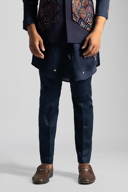 Buy PAARSH Blue Cotton, Linen, Satin Embroidery Nehru Jacket Kurta Set Online at Aza Fashions Buy_PAARSH_Blue Cotton, Linen, Satin Embroidery Nehru Jacket Kurta Set _Online_at_Aza_Fashions