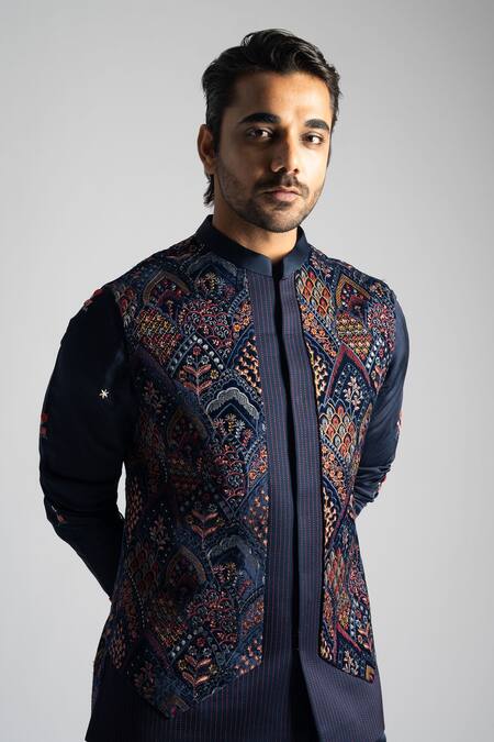 Shop PAARSH Blue Cotton, Linen, Satin Embroidery Nehru Jacket Kurta Set Online at Aza Fashions Shop_PAARSH_Blue Cotton, Linen, Satin Embroidery Nehru Jacket Kurta Set _Online_at_Aza_Fashions