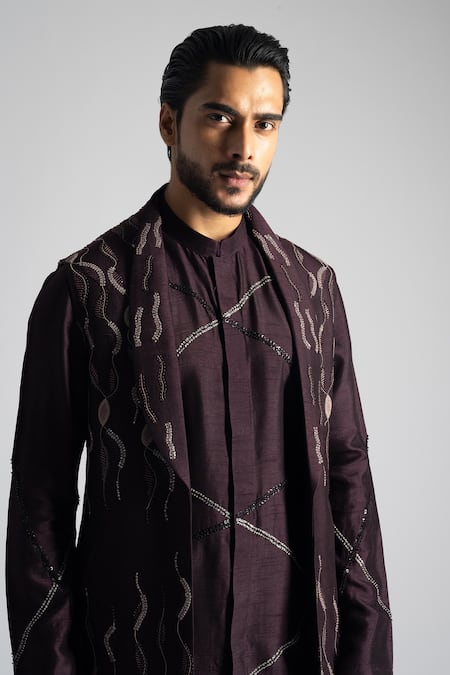 Buy PAARSH Purple Cotton, Bamboo Sequins Embroidered Nehru Jacket Set Online at Aza Fashions Buy_PAARSH_Purple Cotton, Bamboo Sequins Embroidered Nehru Jacket Set _Online_at_Aza_Fashions