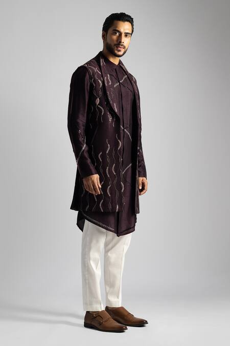 Shop PAARSH Purple Cotton, Bamboo Sequins Embroidered Nehru Jacket Set Online at Aza Fashions Shop_PAARSH_Purple Cotton, Bamboo Sequins Embroidered Nehru Jacket Set _Online_at_Aza_Fashions