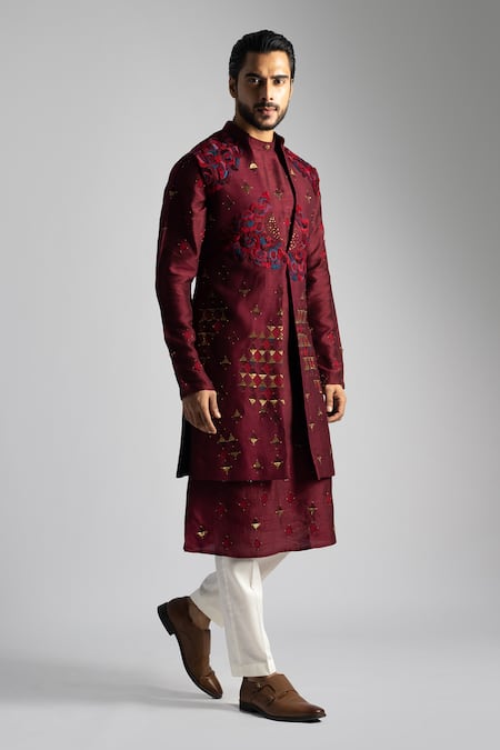 Paarsh Red Bamberg Silk Embroidered Sequin And Resham Nehru Jacket Kurta Set 