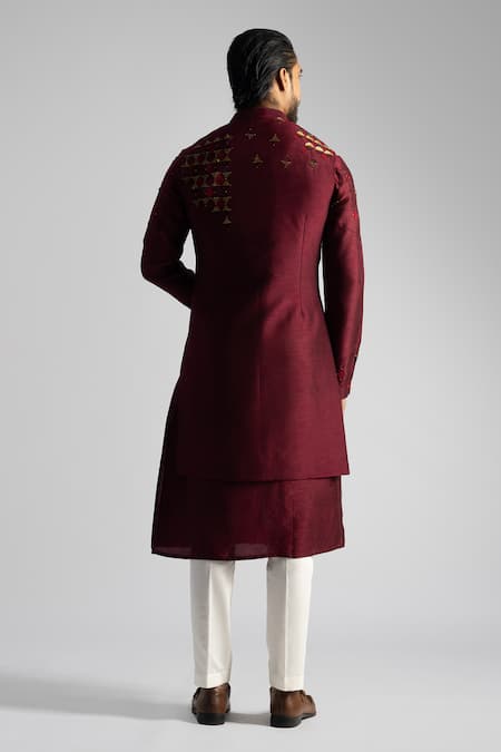 Shop PAARSH Red Cotton, Bamboo Embroidery Nehru Jacket Kurta Set at Aza Fashions Shop_PAARSH_Red Cotton, Bamboo Embroidery Nehru Jacket Kurta Set _at_Aza_Fashions