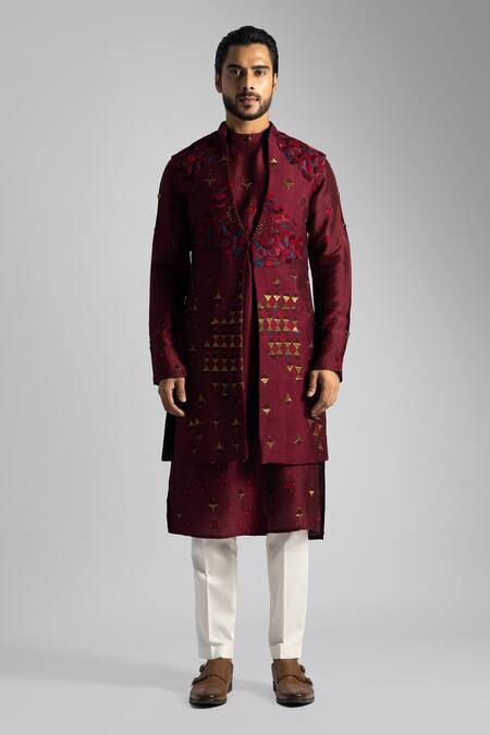 PAARSH Red Cotton, Bamboo Embroidery Nehru Jacket Kurta Set Online at Aza Fashions PAARSH_Red Cotton, Bamboo Embroidery Nehru Jacket Kurta Set _Online_at_Aza_Fashions