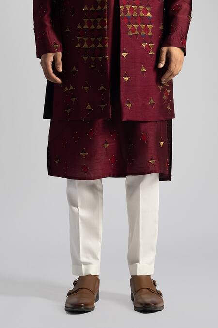 Buy PAARSH Red Cotton, Bamboo Embroidery Nehru Jacket Kurta Set Online at Aza Fashions Buy_PAARSH_Red Cotton, Bamboo Embroidery Nehru Jacket Kurta Set _Online_at_Aza_Fashions