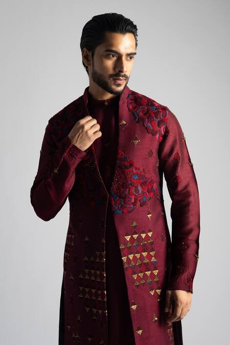 Shop PAARSH Red Cotton, Bamboo Embroidery Nehru Jacket Kurta Set Online at Aza Fashions Shop_PAARSH_Red Cotton, Bamboo Embroidery Nehru Jacket Kurta Set _Online_at_Aza_Fashions