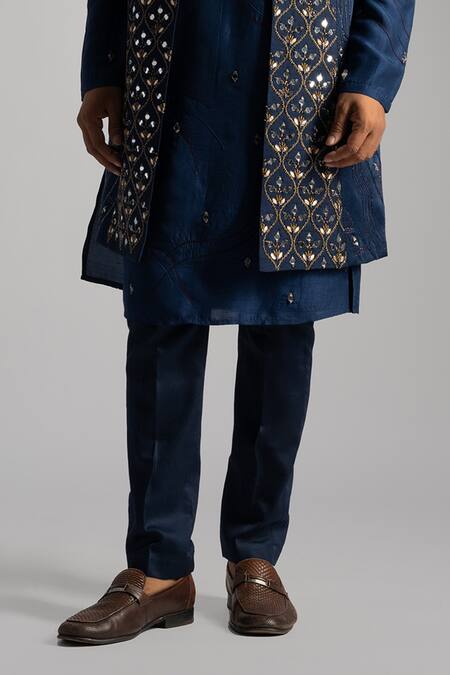 PAARSH_Blue Cotton, Bamboo Mirrors, Beads Embroidered Nehru Jacket Set _Online_at_Aza_Fashions